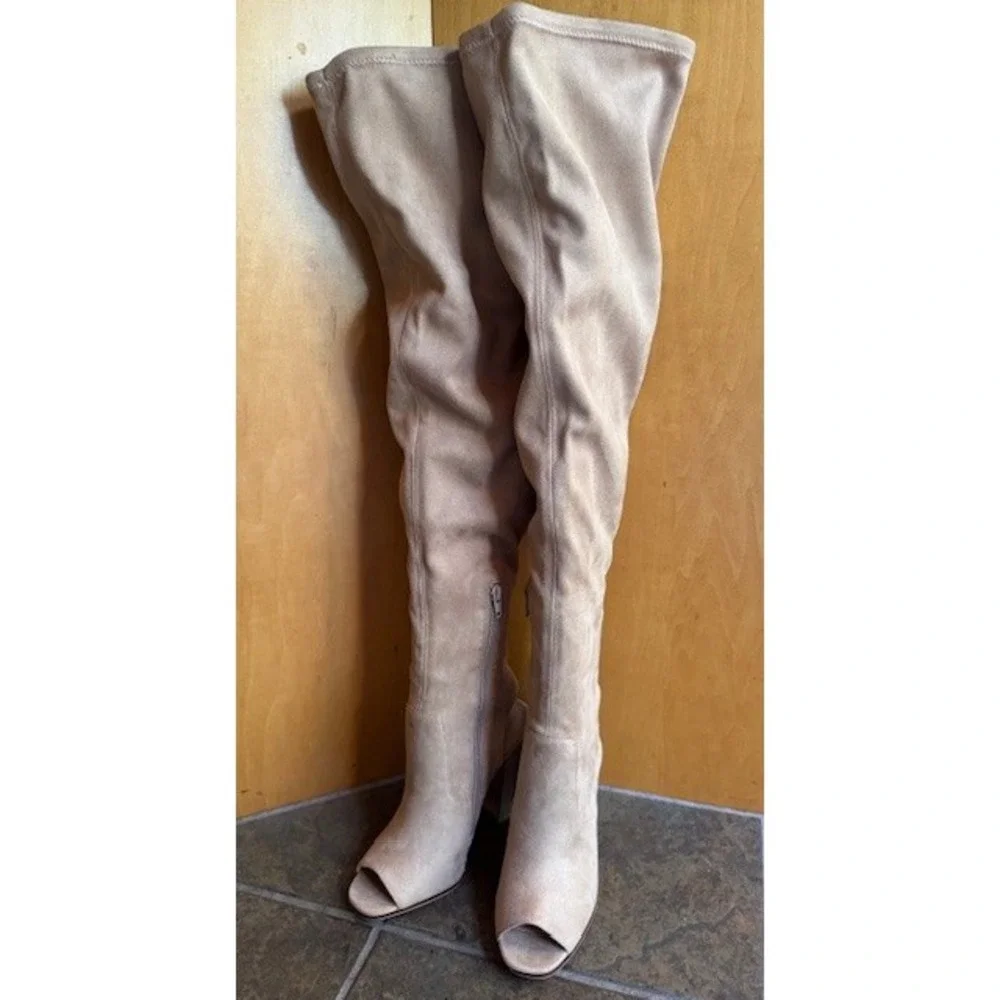 Aldo Winker Over the Knee‎ Thigh High Suede Boots Nude Beige 6.5 Open Heel